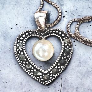 Vintage Designer Genuine Pearl Pendant with Marcasite Solid 925 Sterling Silver
